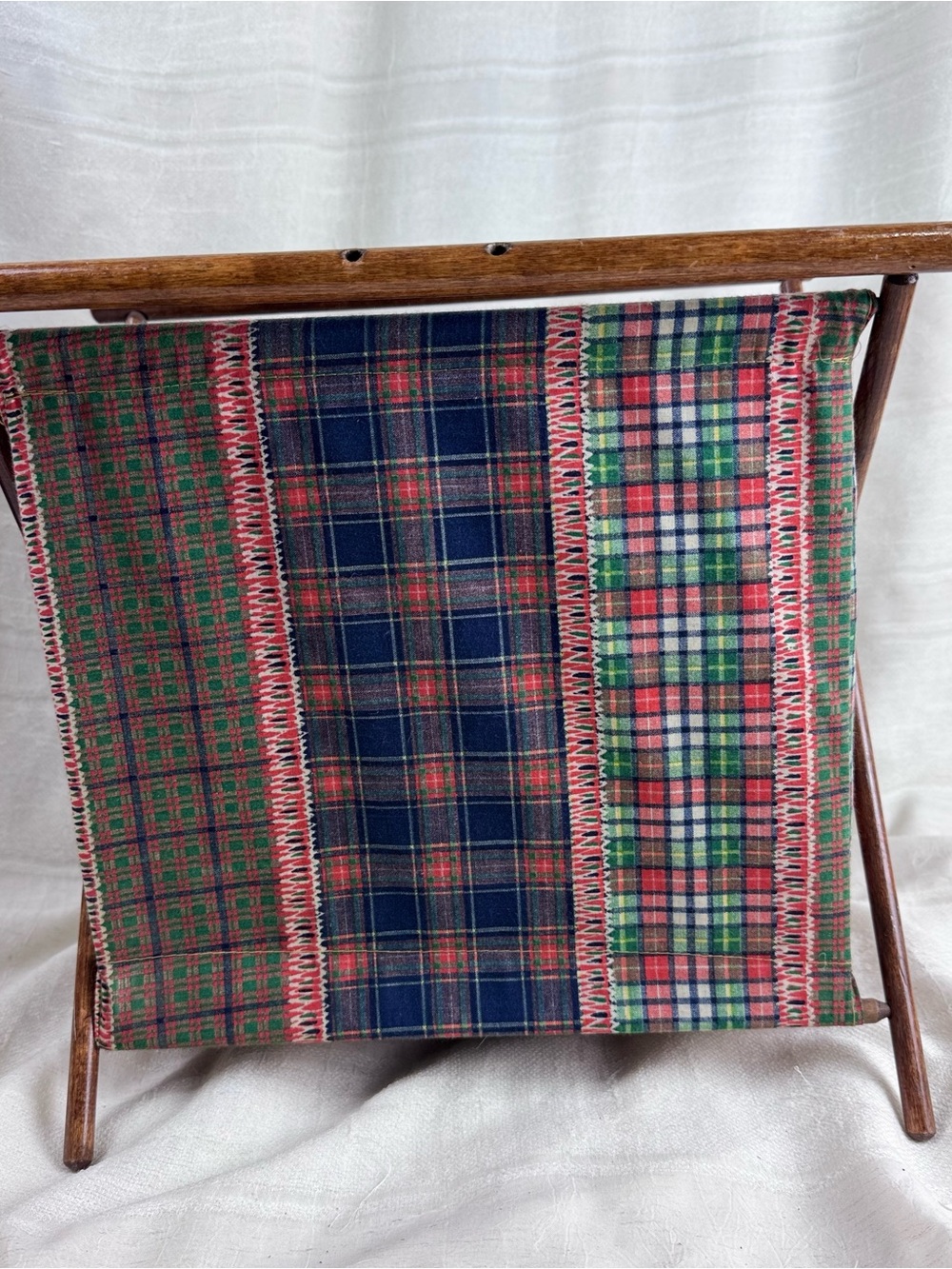 VTG Folding Tartan Plaid Patchwork Knit Crochet Sew Caddy MCM Ralph Lauren